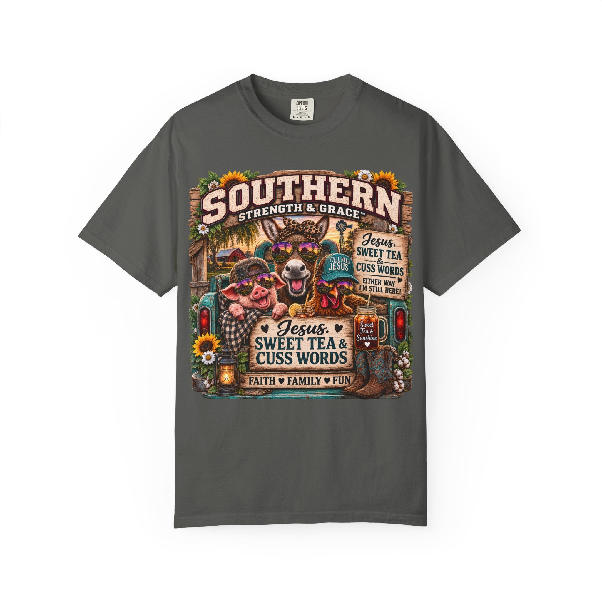 Southern Strength & Grace T-Shirt — "Jesus, Sweet Tea & Cuss Words" Vintage Country Tee