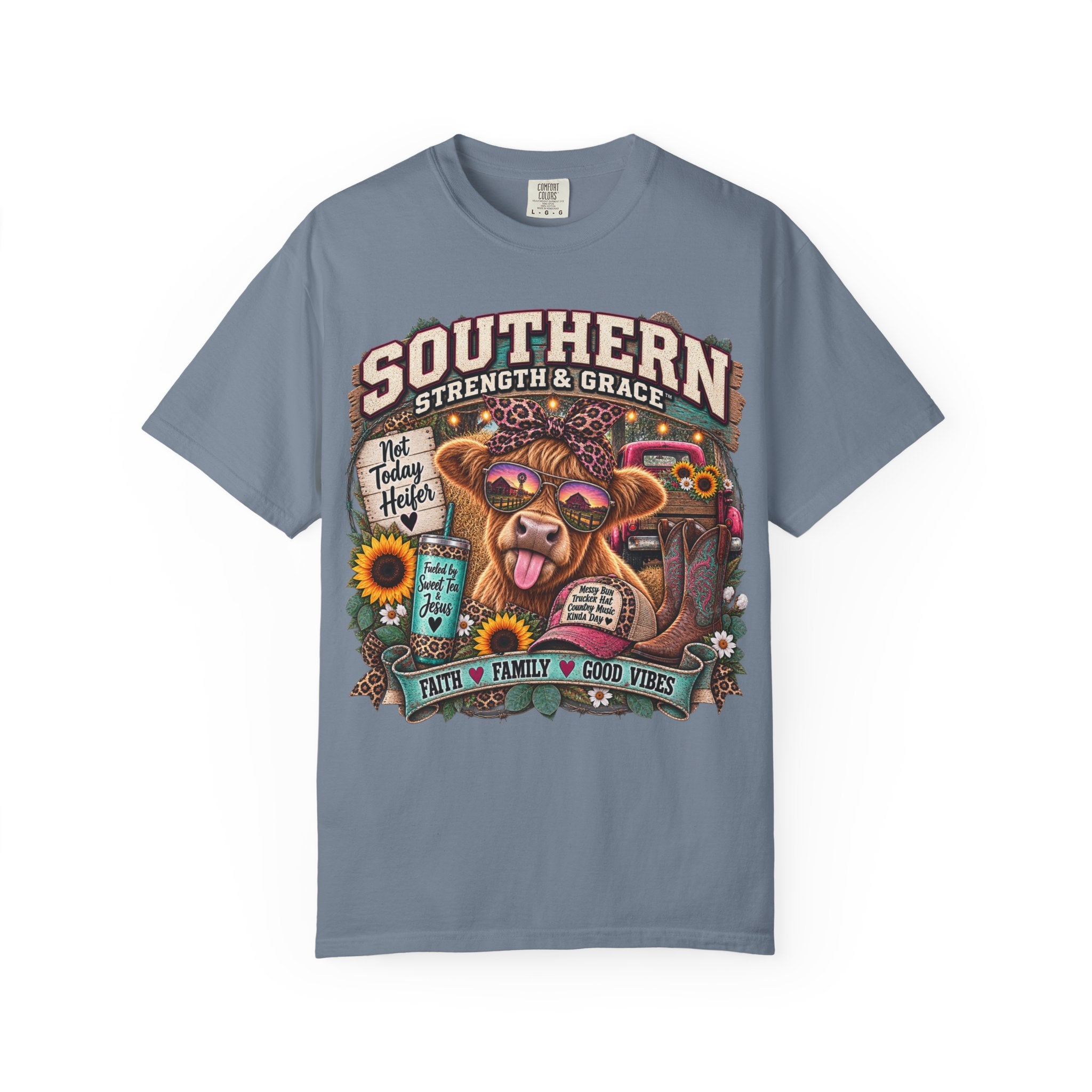 Southern Strength & Grace T-Shirt — Cow Graphic ‘Faith • Family • Good Vibes’ Tee