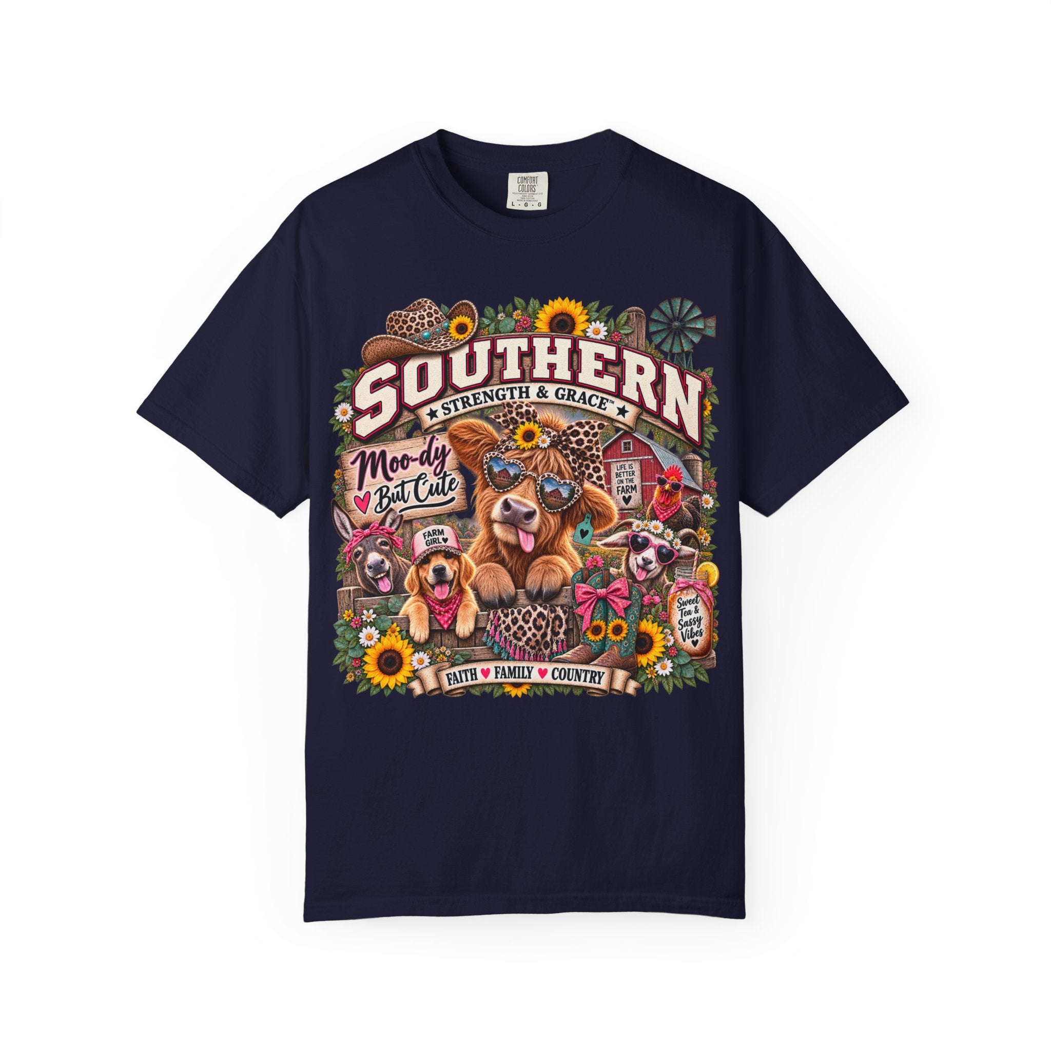 Southern Strength & Grace T-Shirt — 'Southern' Graphic Tee with Dogs, Sunflowers & Farmhouse Vibes