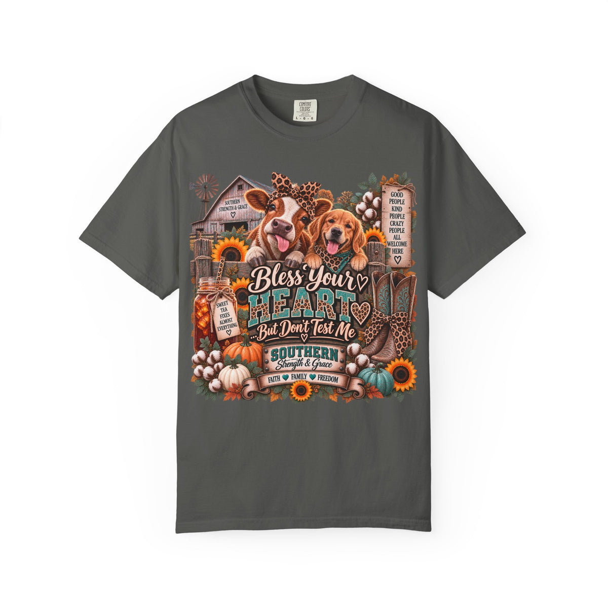 Southern Blessings T-Shirt — "Bless Your Heart But Don't Test Me" Fall Dog & Pumpkin Tee