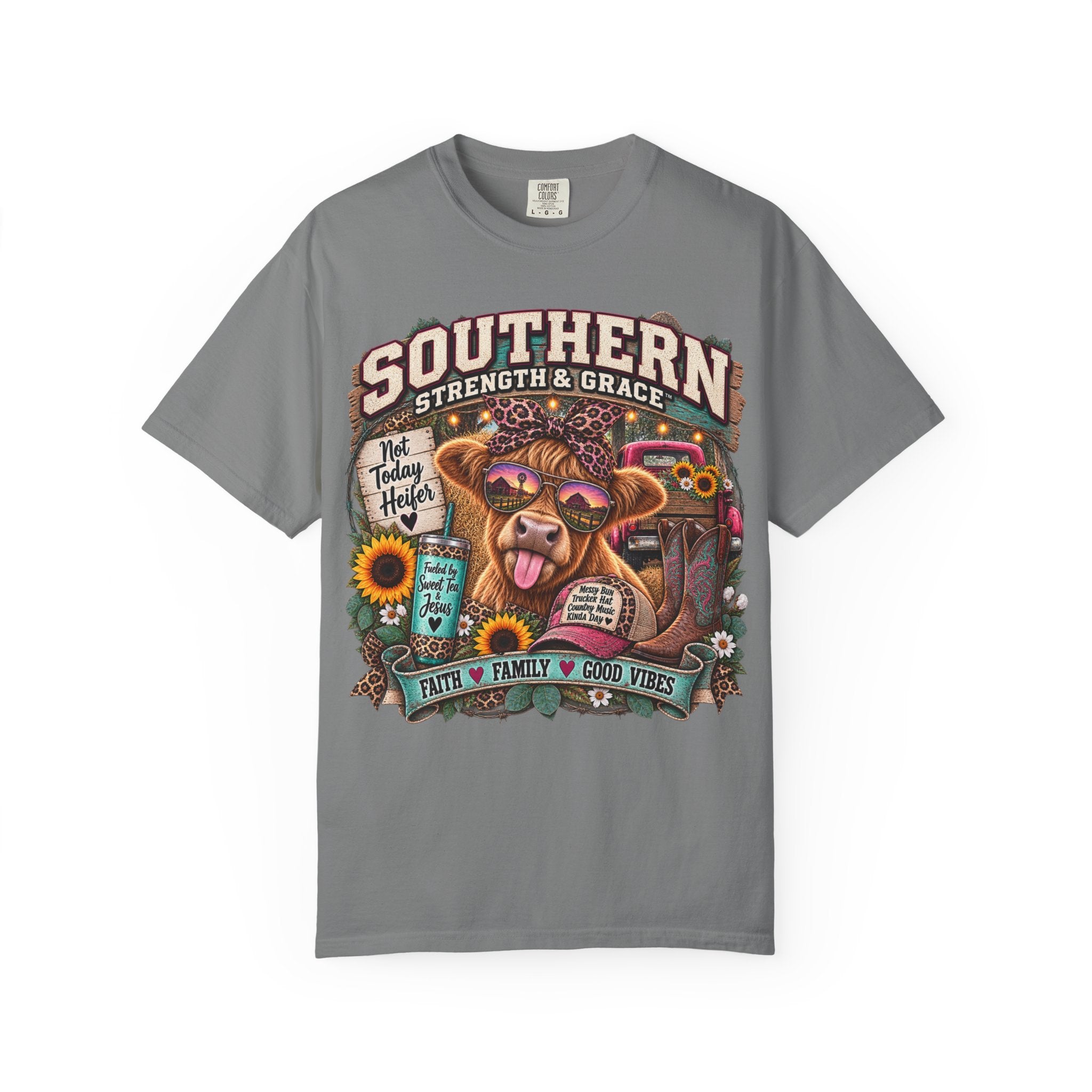 Southern Strength & Grace T-Shirt — Cow Graphic ‘Faith • Family • Good Vibes’ Tee