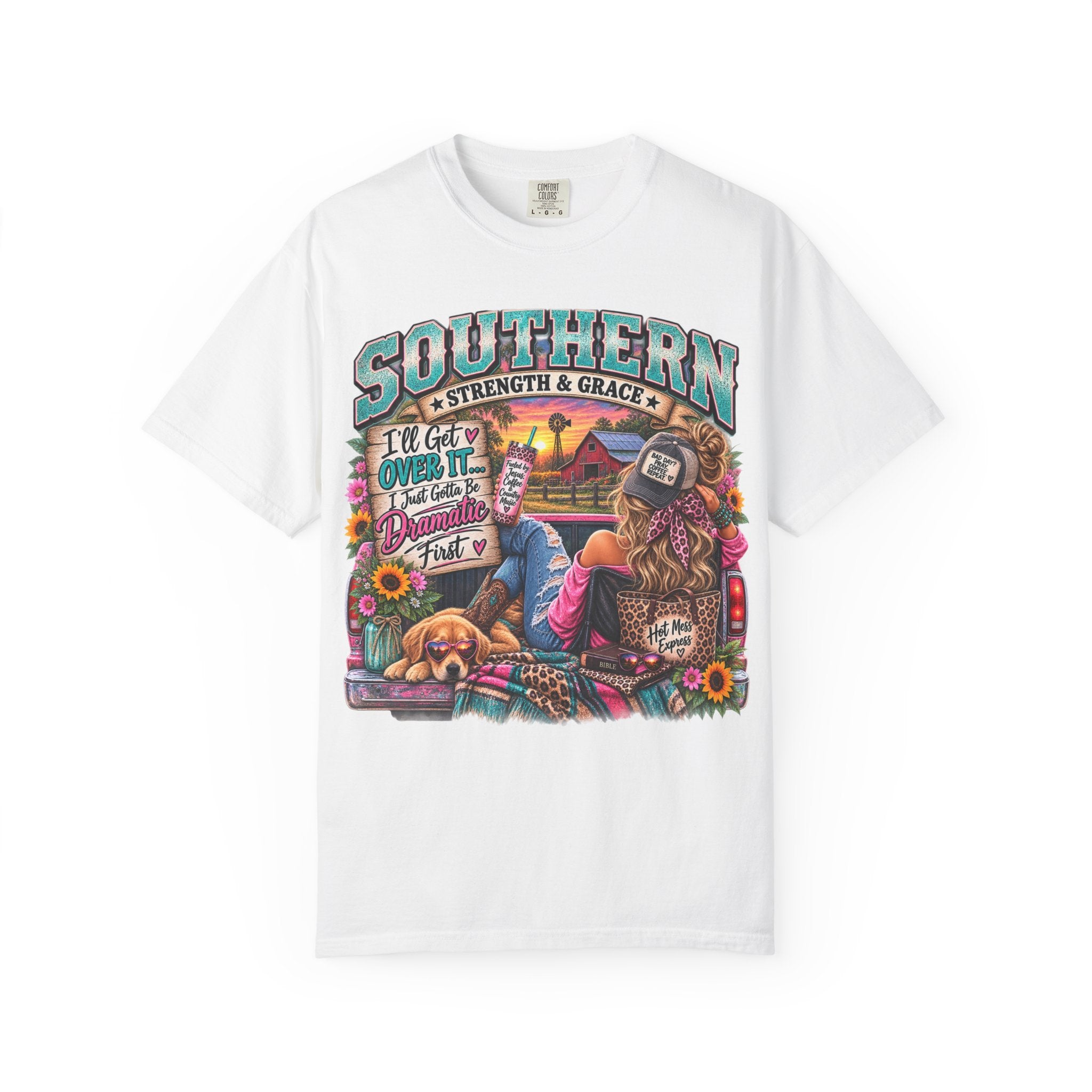 Southern Strength & Grace T-Shirt — "Southern" Graphic Tee with Truck, Dog & Farm Sunset