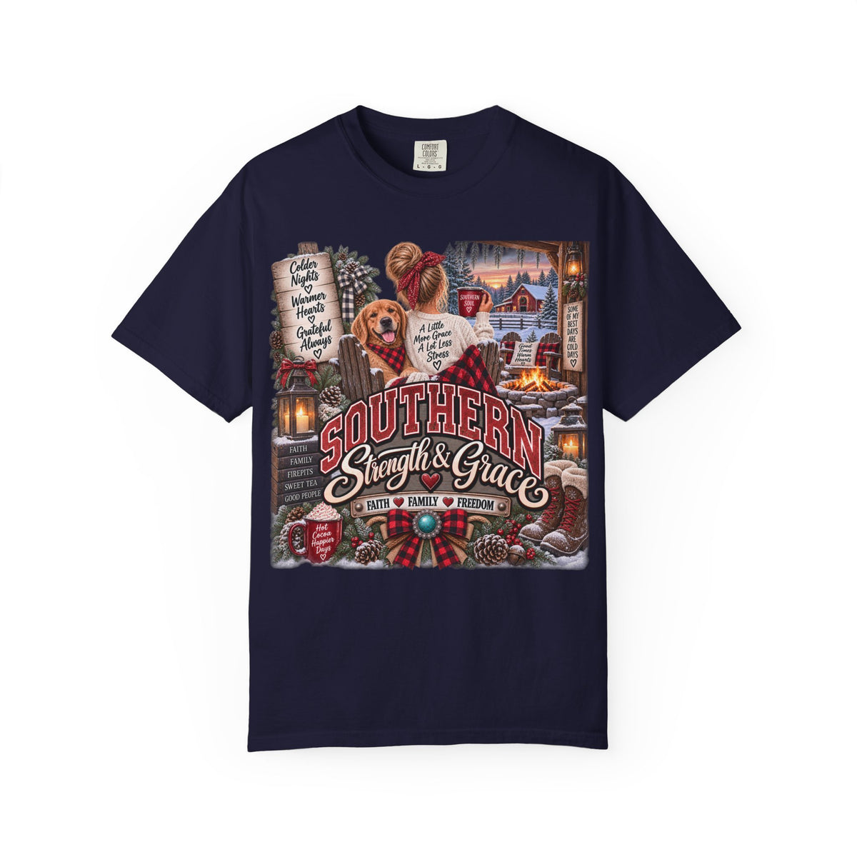 Southern Strength & Grace T-Shirt — Cozy Holiday Cabin & Dog Graphic