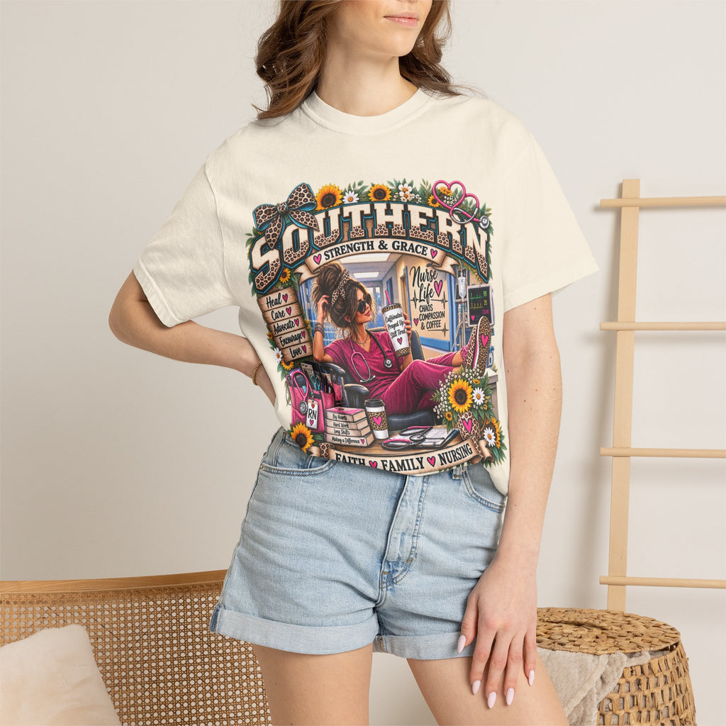 Southern Nurse T-Shirt — "Faith Family Nursing" Vintage Floral Graphic