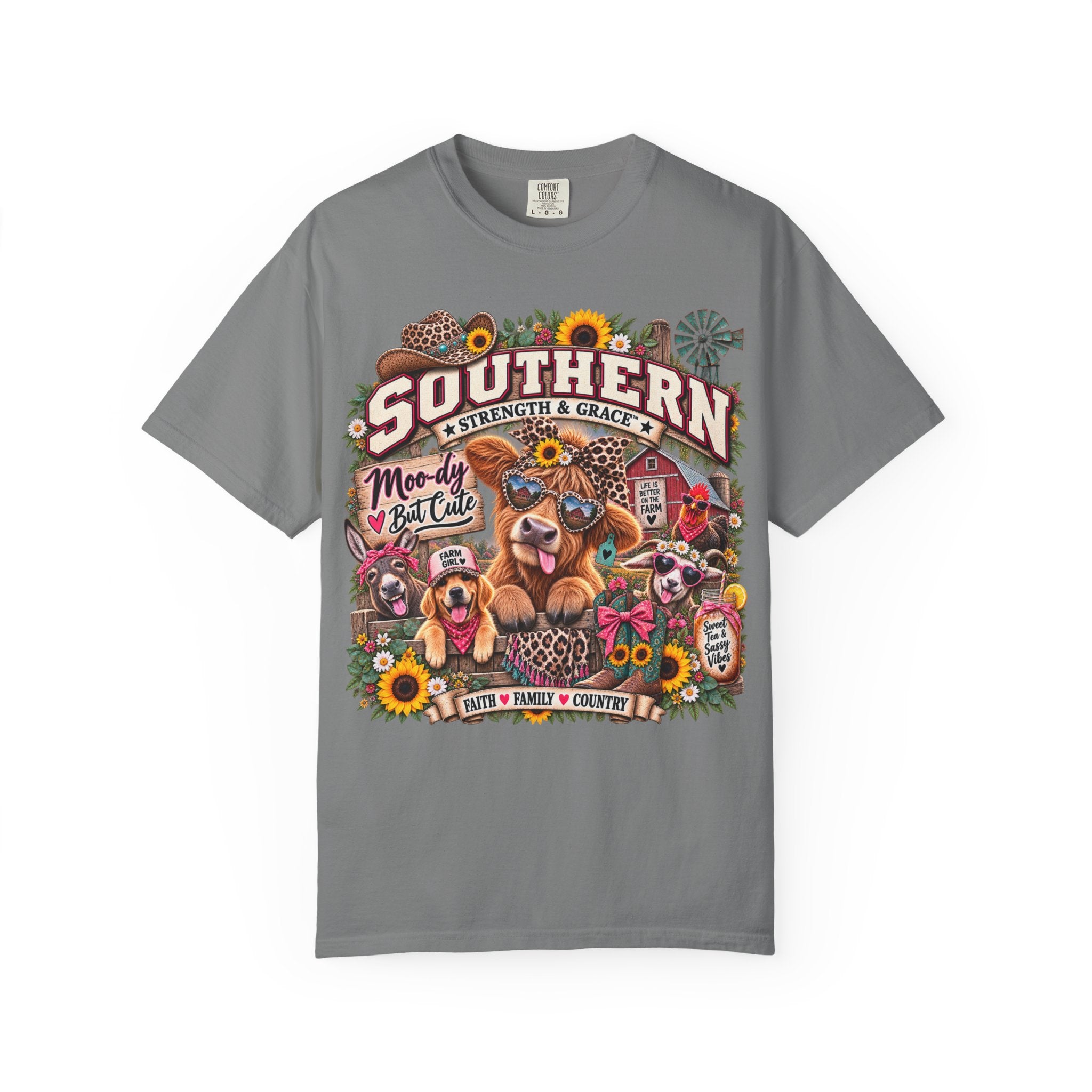 Southern Strength & Grace T-Shirt — 'Southern' Graphic Tee with Dogs, Sunflowers & Farmhouse Vibes