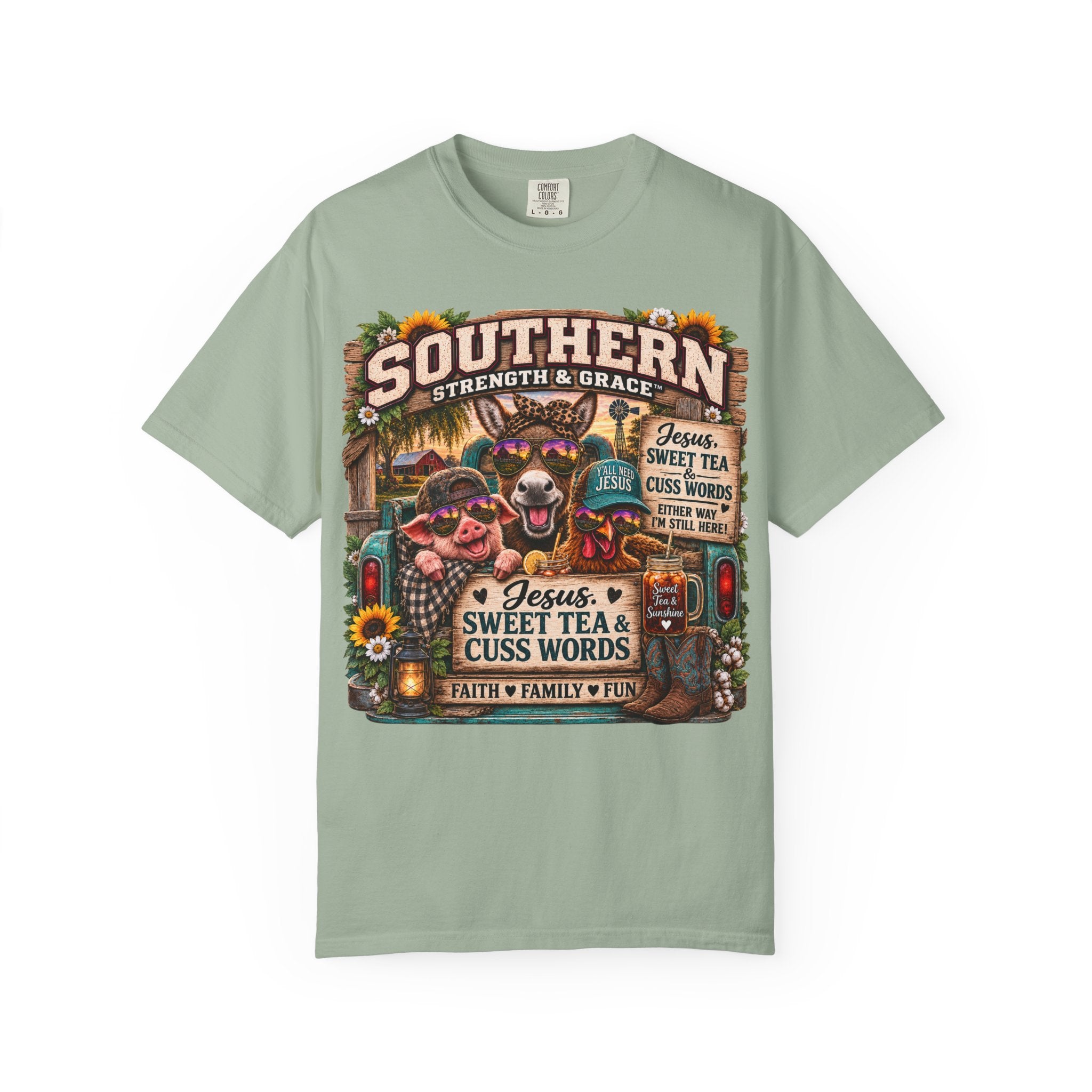 Southern Strength & Grace T-Shirt — "Jesus, Sweet Tea & Cuss Words" Vintage Country Tee
