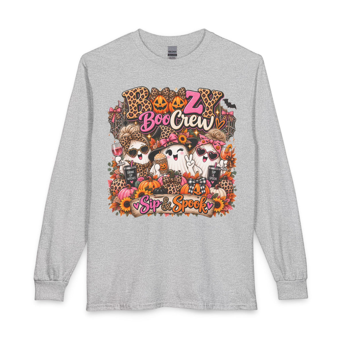 Boozy Boo Crew | Halloween Long Sleeve Tee | Sip & Spook Ghost Shirt