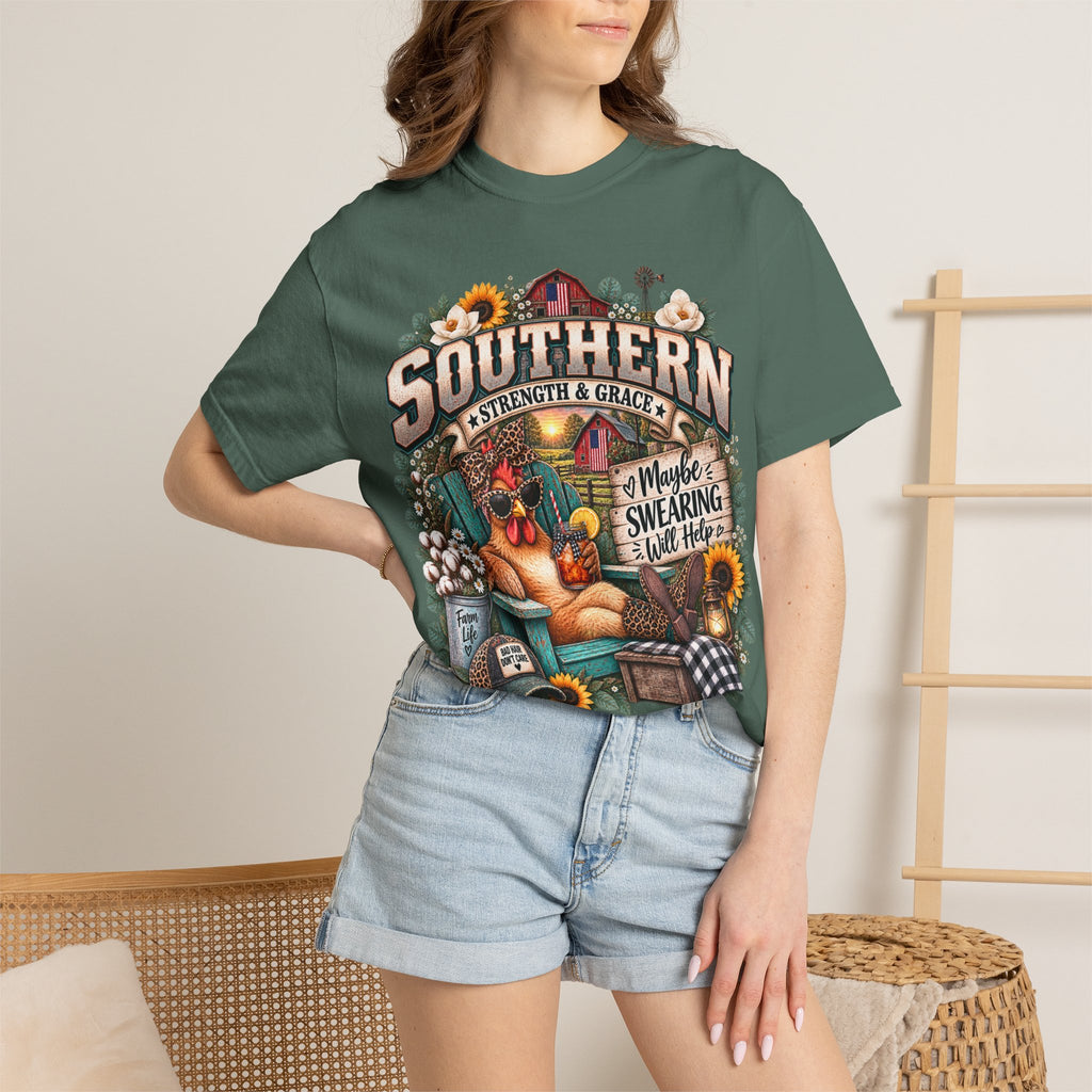 Southern Chicken Farmhouse T-Shirt — "Maybe Swearing, Maybe Hope" Graphic