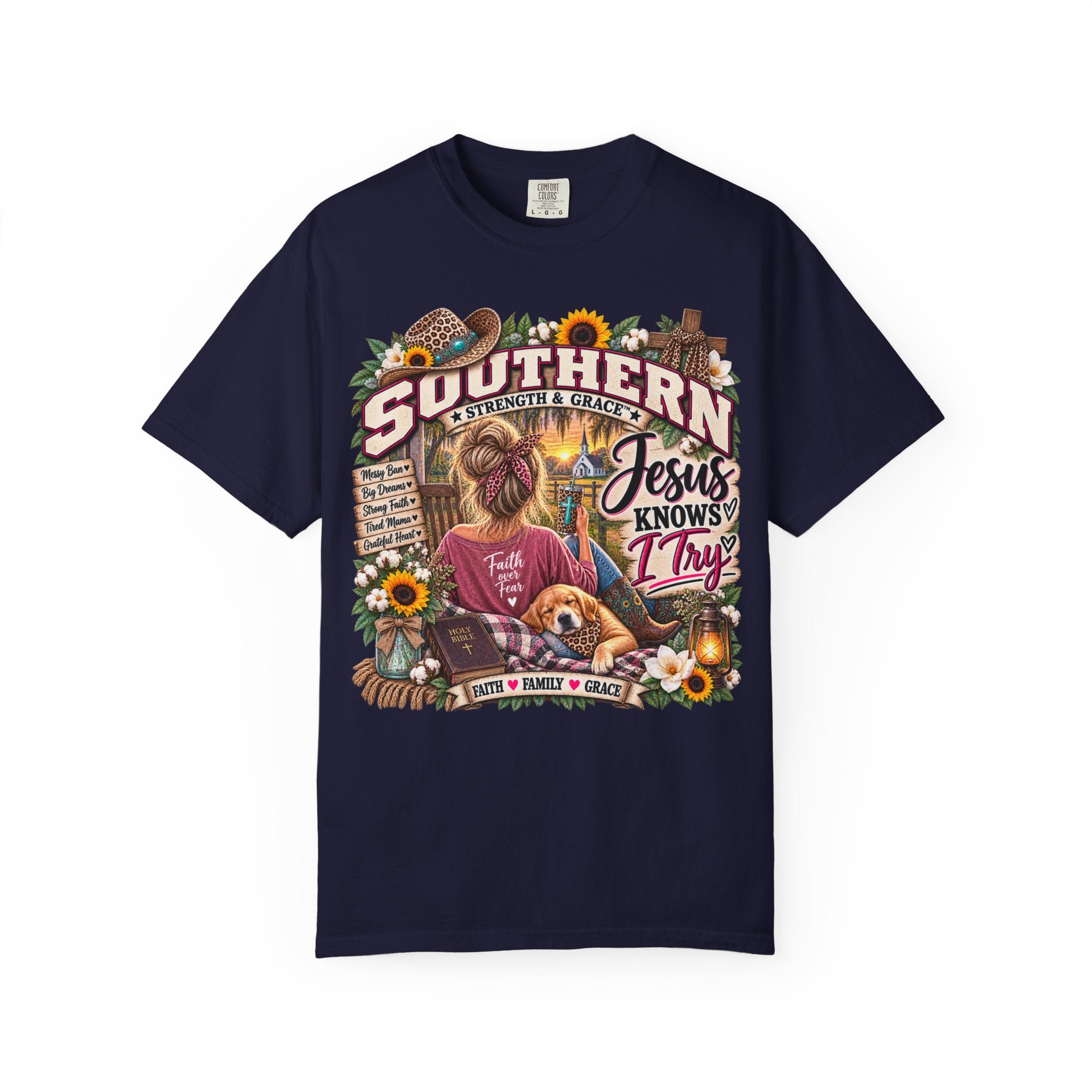 Southern Faith T-Shirt — "Jesus Knows I Try" Graphic Tee with Sunflowers & Family Vibe