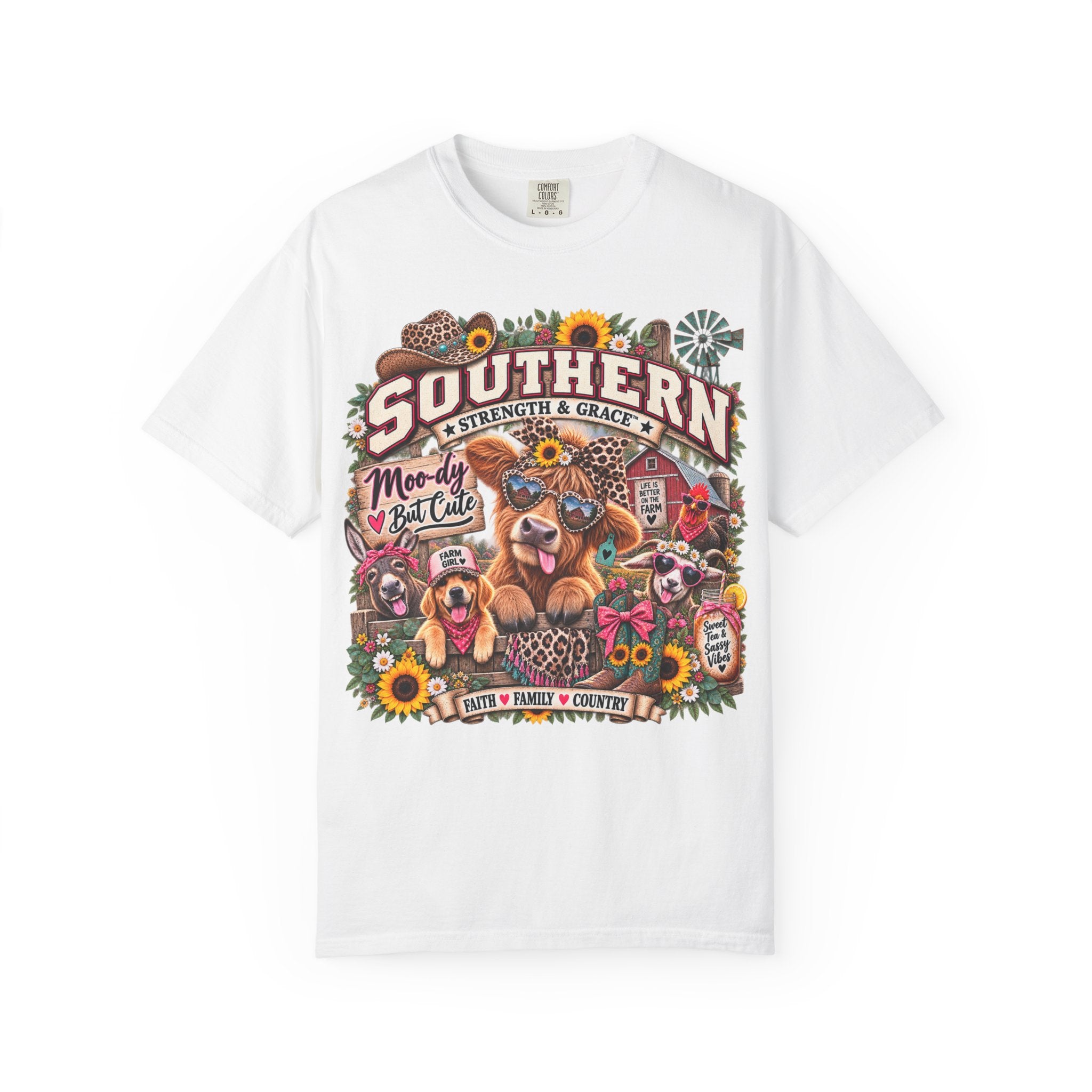 Southern Strength & Grace T-Shirt — 'Southern' Graphic Tee with Dogs, Sunflowers & Farmhouse Vibes