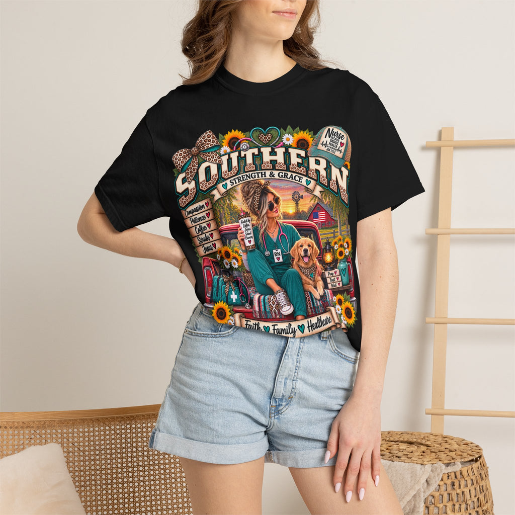 Southern Roots Vintage T-Shirt — 'Southern' Graphic with Sunflowers & Dog