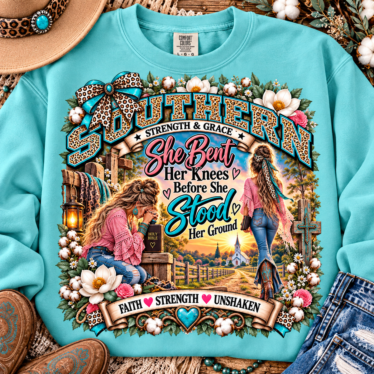 Southern Strength & Grace | She Bent Her Knees Before She Stood Her Ground Faith Sweatshirt