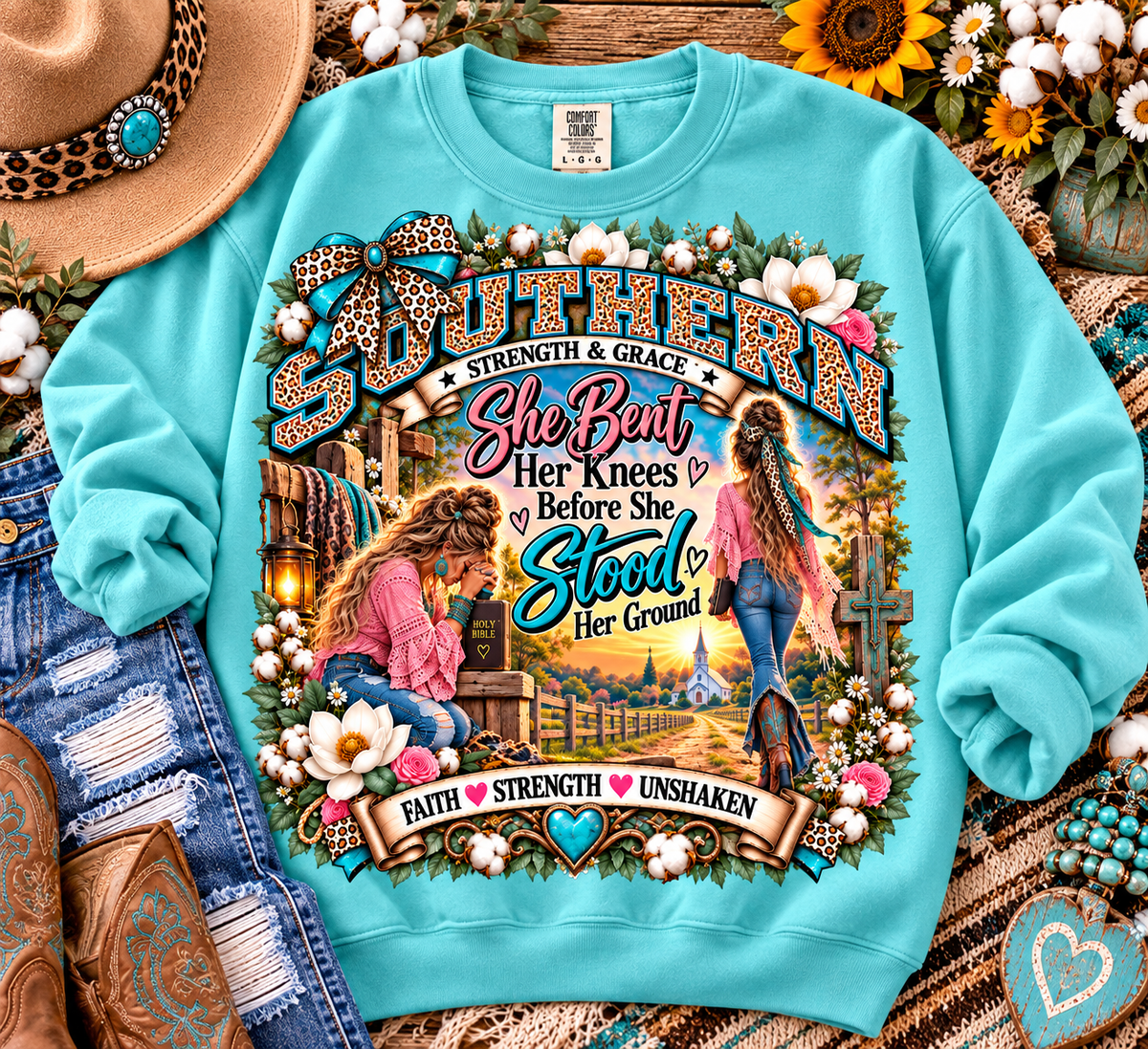 Southern Strength & Grace | She Bent Her Knees Before She Stood Her Ground Faith Sweatshirt